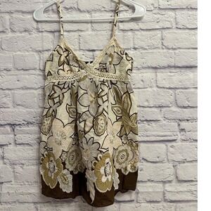 Y2K Timing Floral Cami Top Crochet Trim Sleeveless Brown Cream Boho L‎
